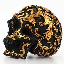 Statue crâne noir en résine, Sculpture dorée pour décoration de fête d'halloween, ornements pour la maison