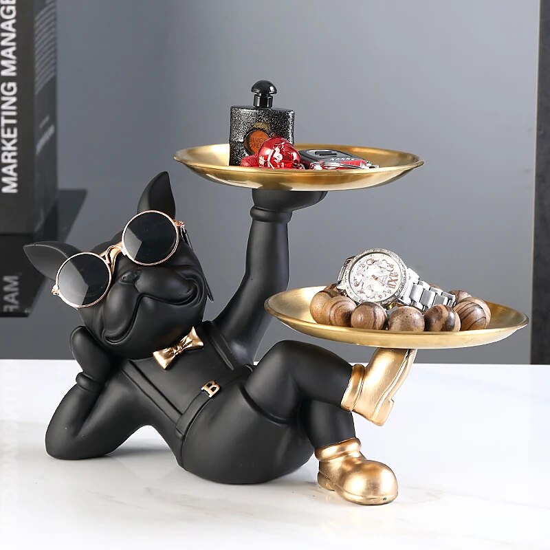 Statue majordome allongé en métal doré, bouledogue français noir, intensifications et sculptures de chien double, décoration de chambre, ornement de majordome à la maison