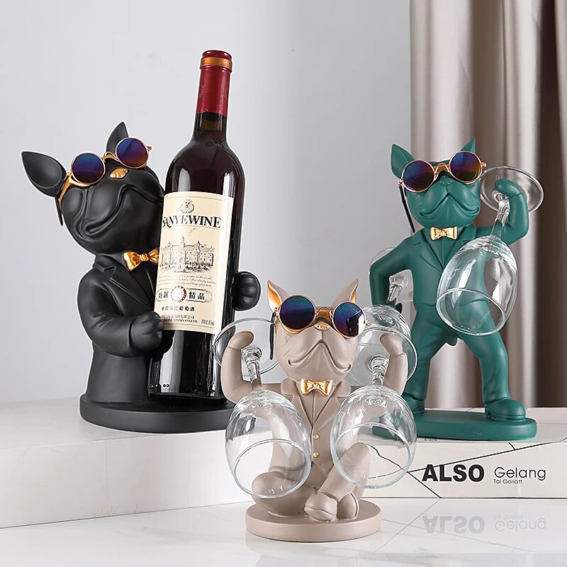 Statue chien bouledogue français-  porte-verre à vin - support de table en résine