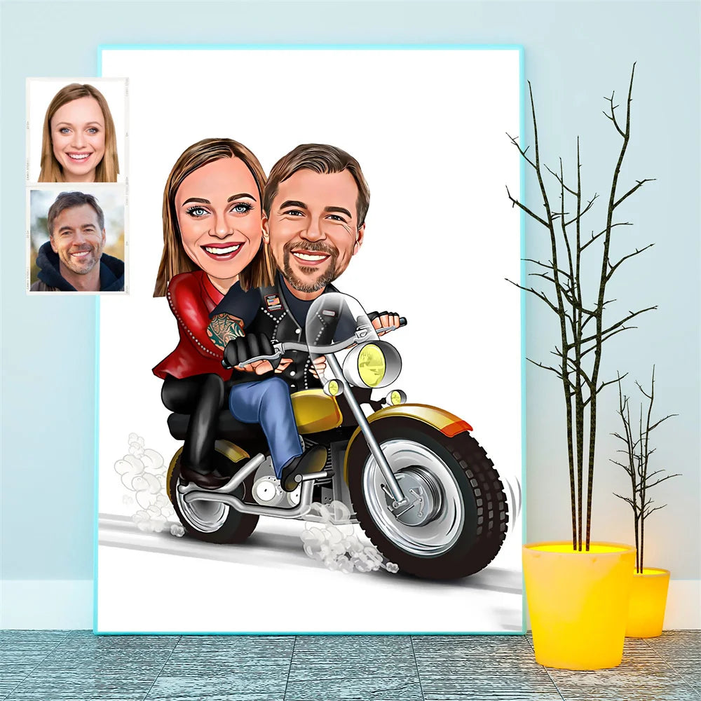 Tableau Personnalisé Couple moto - Portrait dessin animé - Cadeau Saint Valentin