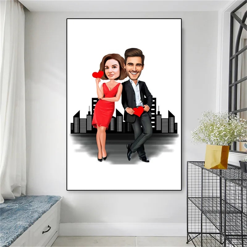 Romance d'Art: Tableau de Caricatures Personnalisé pour Couple